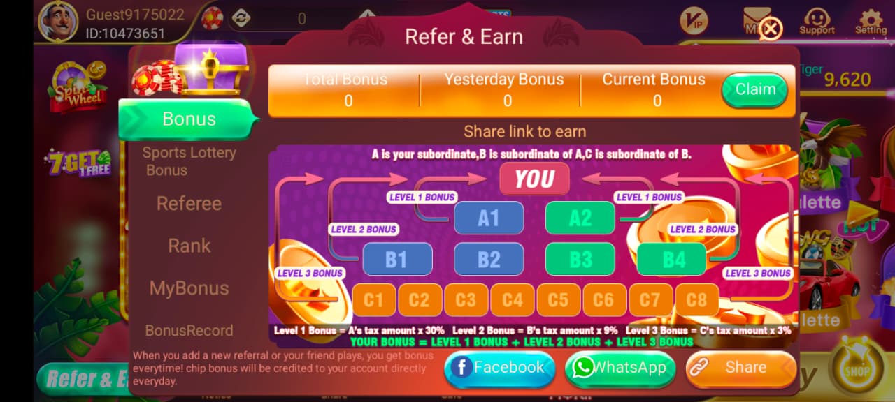 Rummy Ox Refer and Earn page showing multi-level referral bonuses, bonus tracking, and sharing options.