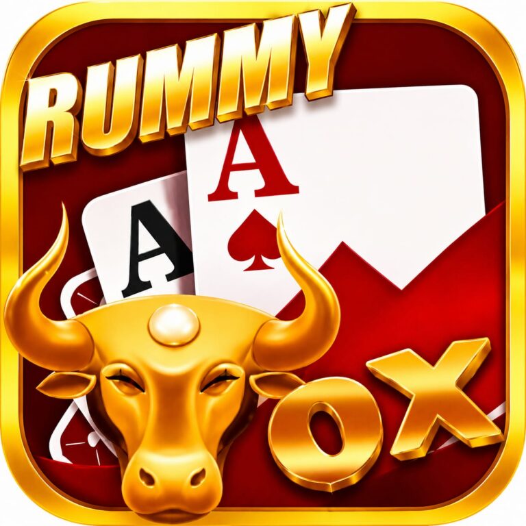 Rummy Ox game logo featuring golden bull head with playing cards and red casino-style background