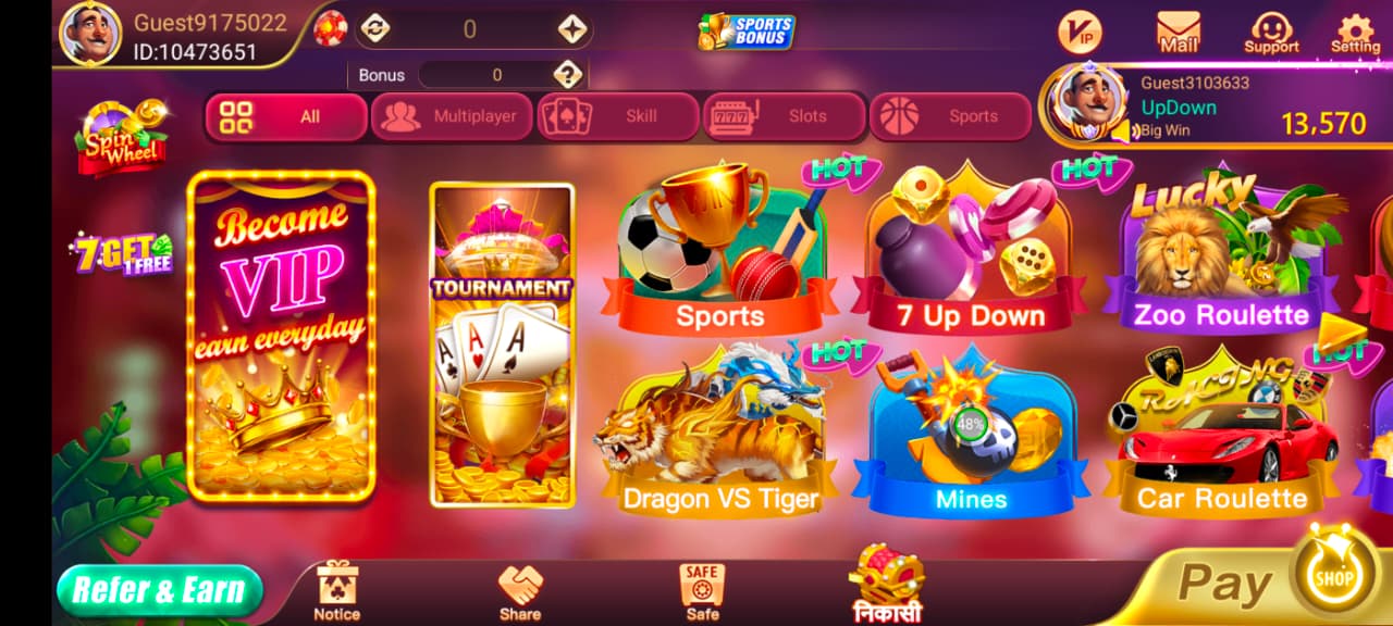 Rummy Ox app home screen showing sports betting, 7 Up Down, Dragon vs Tiger, Mines, Zoo Roulette, and Car Roulette game options.